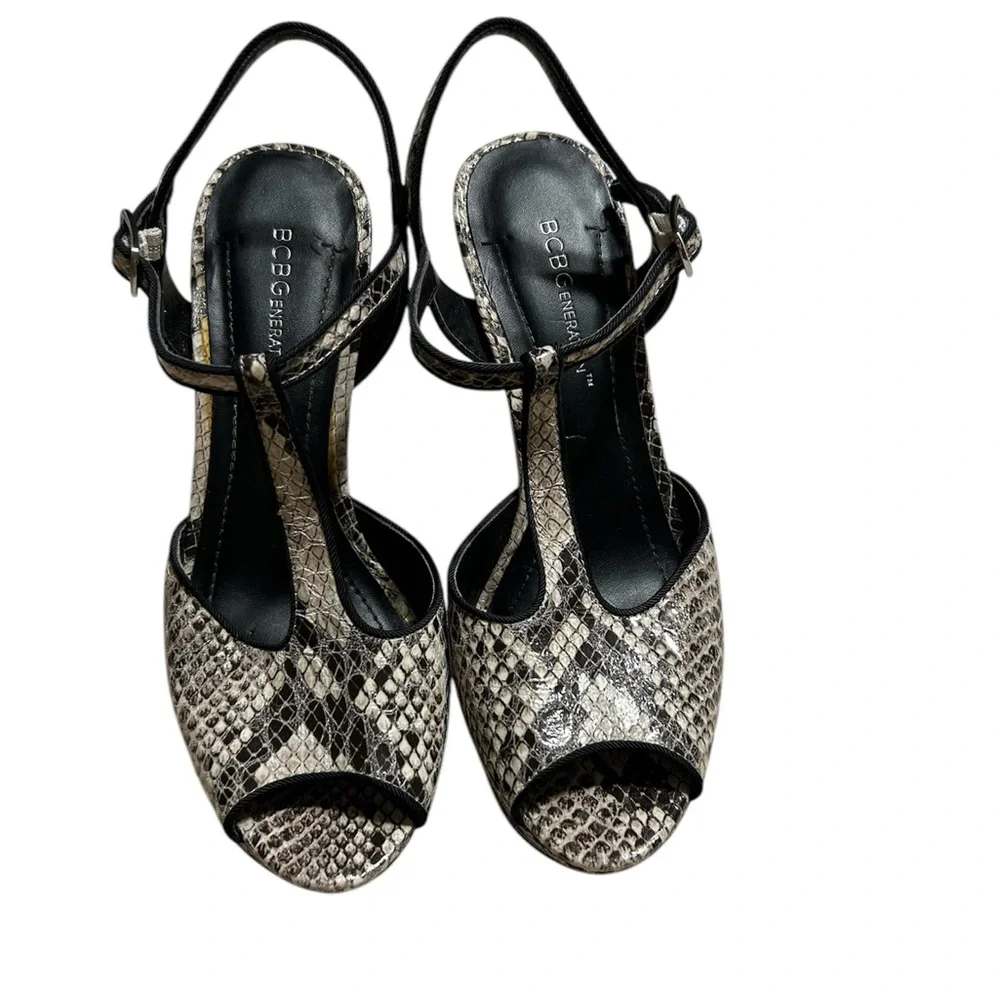 BCBGeneration Snakeskin Print Slingback 5” Platform Heels